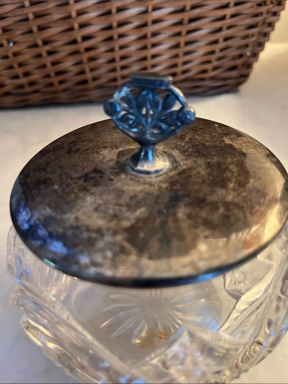Vintage cut crystal and ornate silver plate lid vanity jar and small floral jar